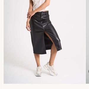 Black Faux Leather Midi Skirt with front slit | size 4